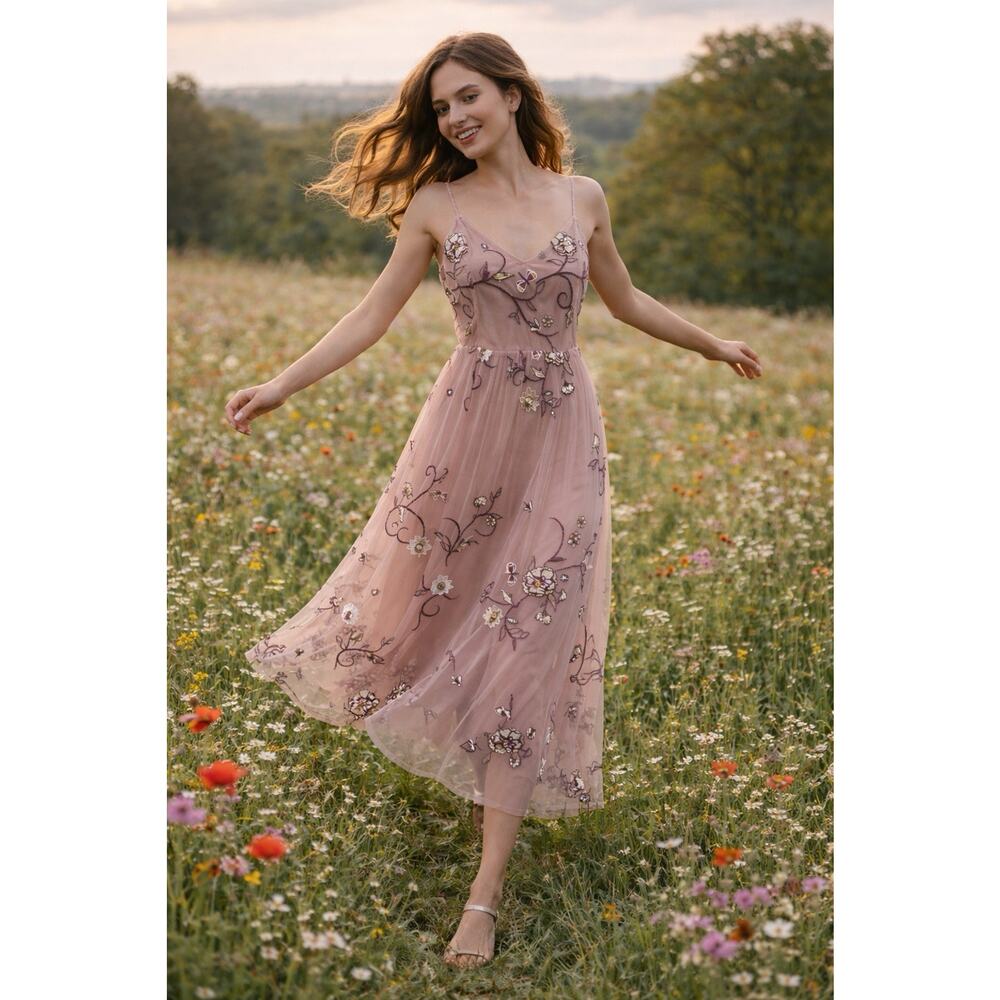 Kaari Rose Tulle Sheer Fairy Dress Floral Dragonflies Coquette Delicate Sz L Y2K